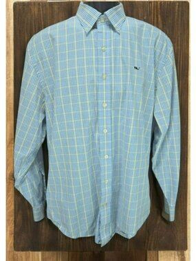 Vineyard Vines Mens Whale Shirt Medium Blue Yellow Gingham